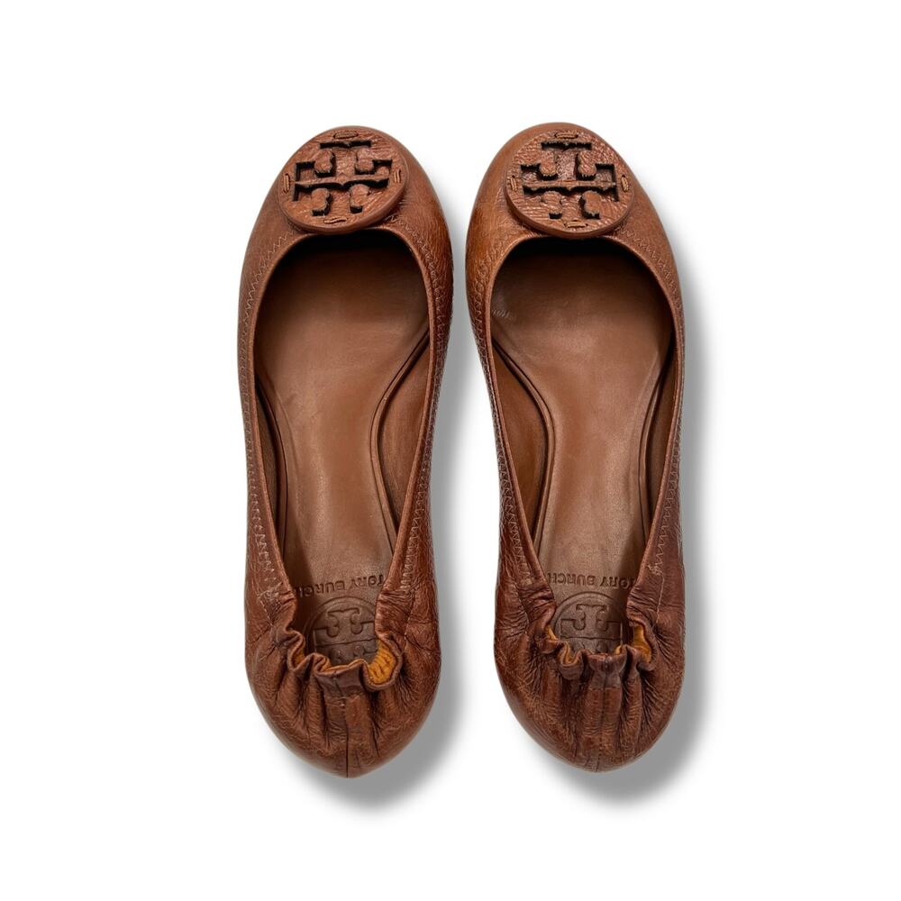 Tory Burch Brown Reva Ballet Flats 7.5 Leather Medallion Classic Preppy